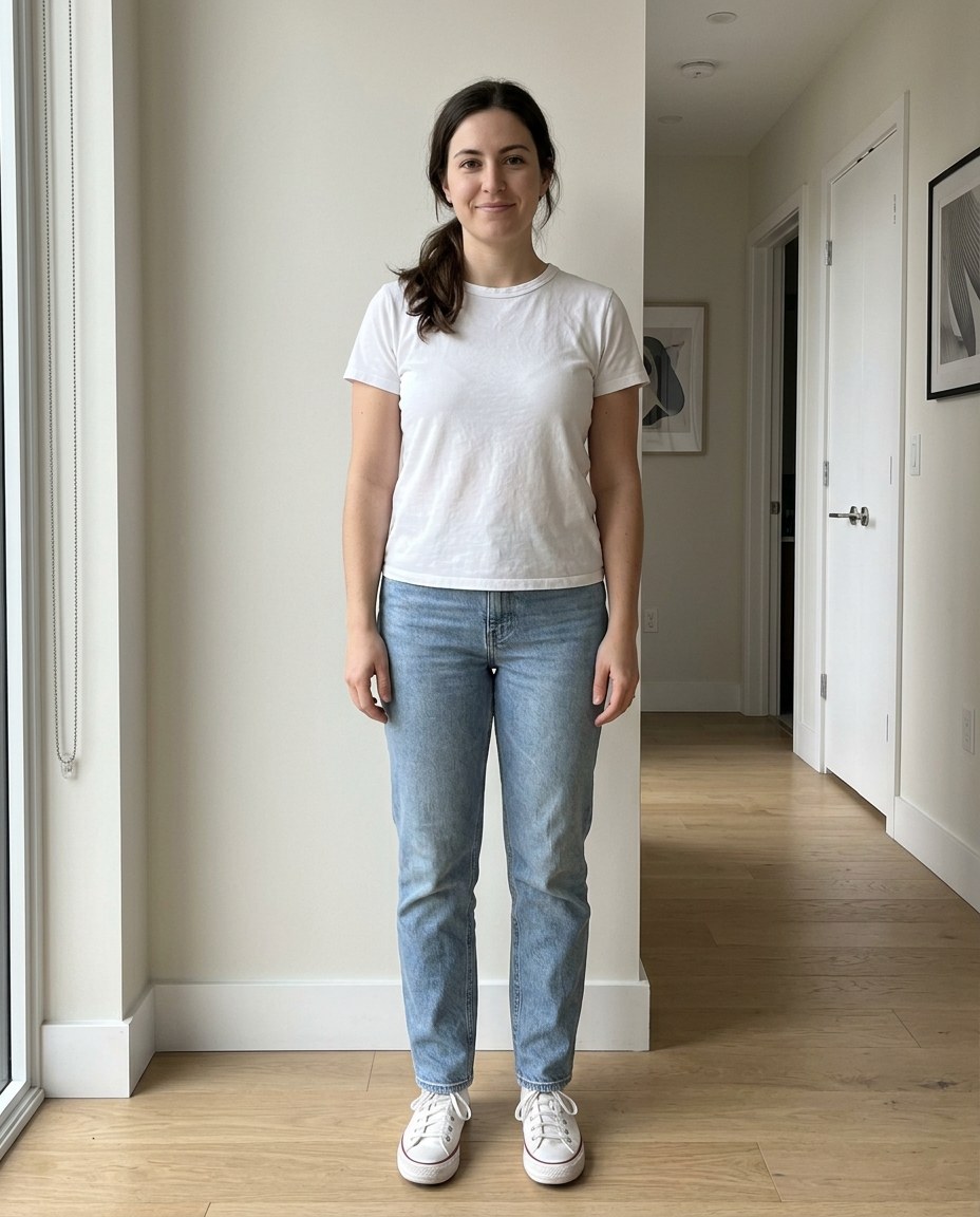 Beispielperson im grauen T-Shirt im Flur