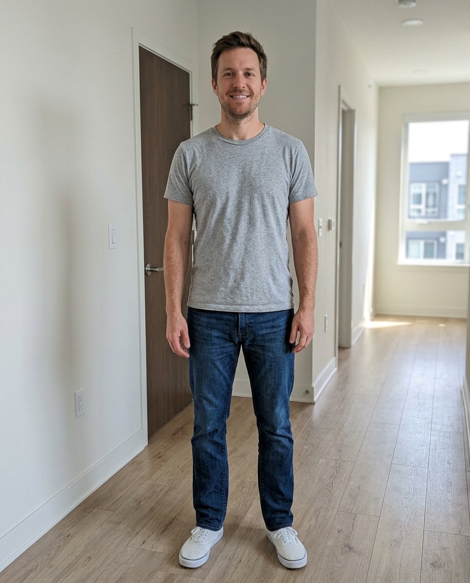 Beispielperson im grauen T-Shirt im Flur